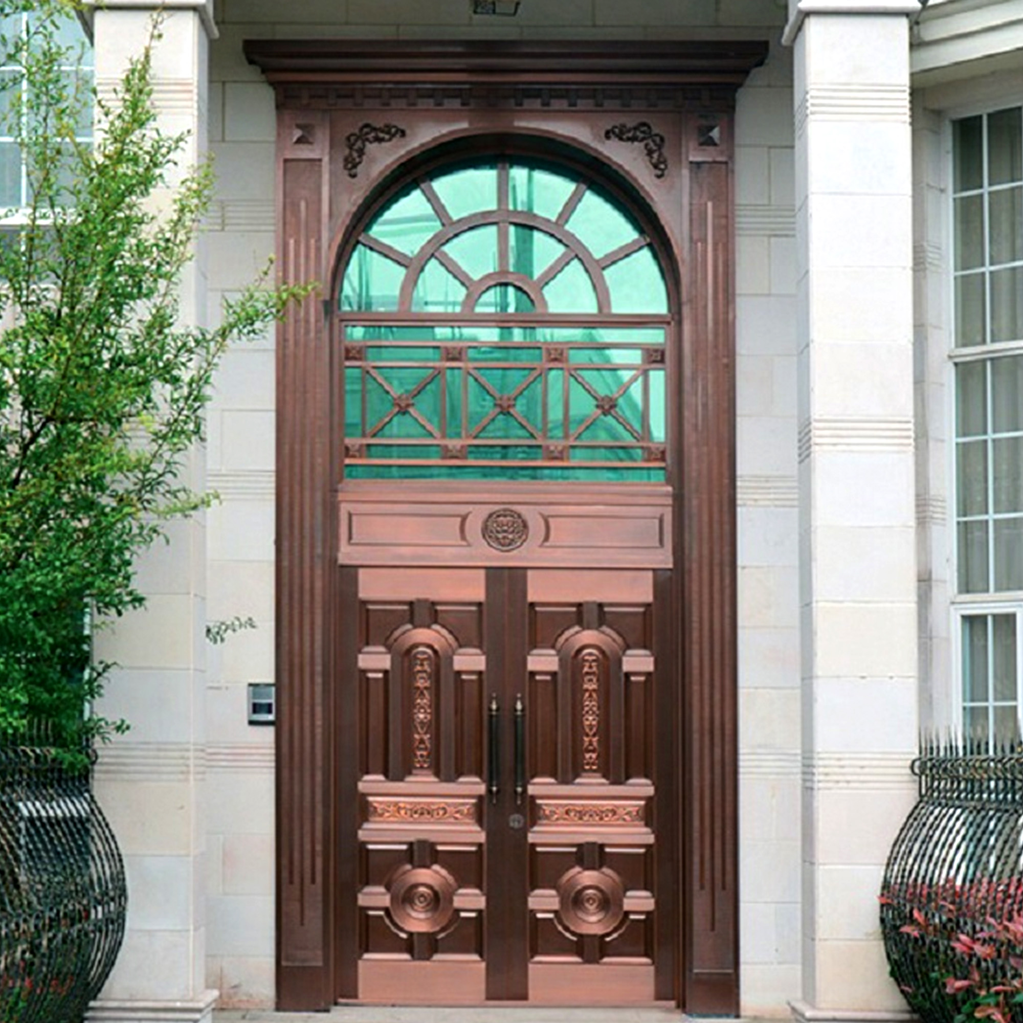 Copper Villa Door Series — Fan-motif glazing with cast bronze medallions
