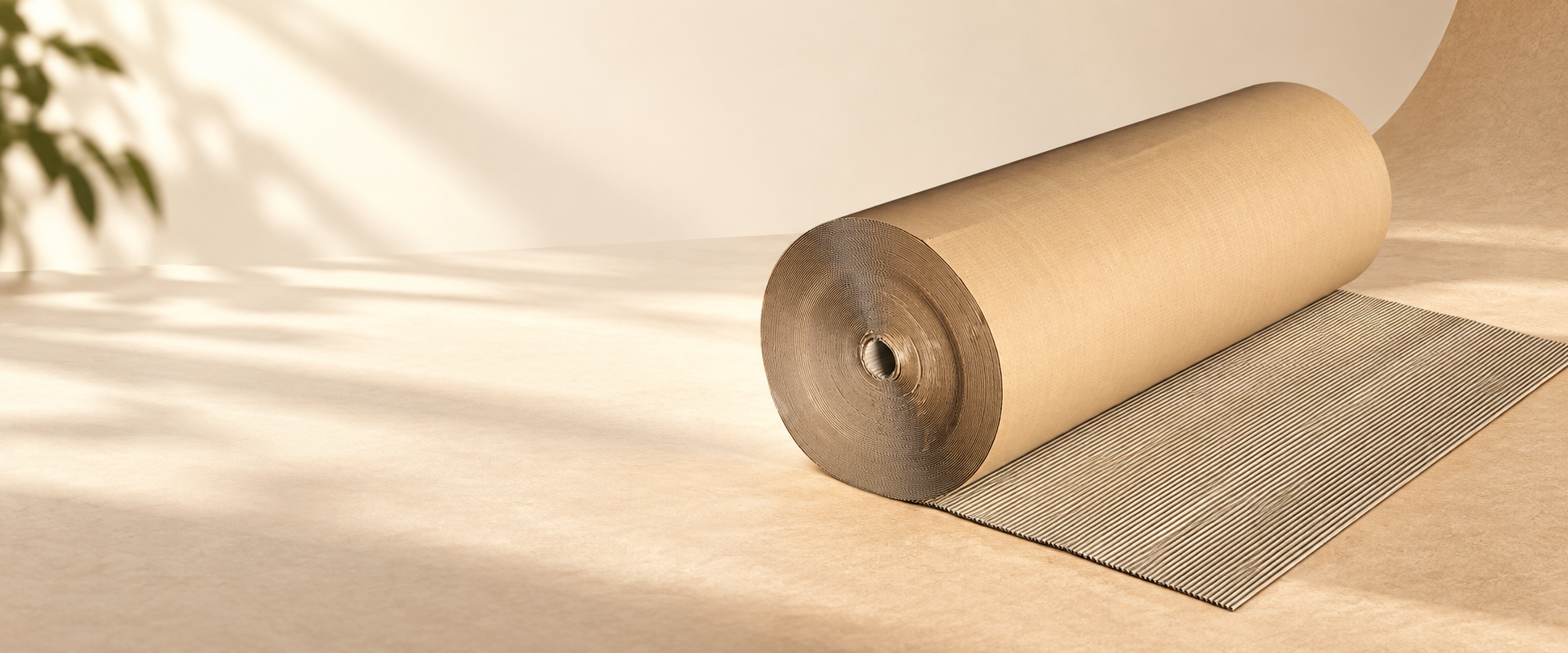 Single-faced corrugated paper roll partially unrolled on a warm studio backdrop, showing the flat kraft face and fluted underside