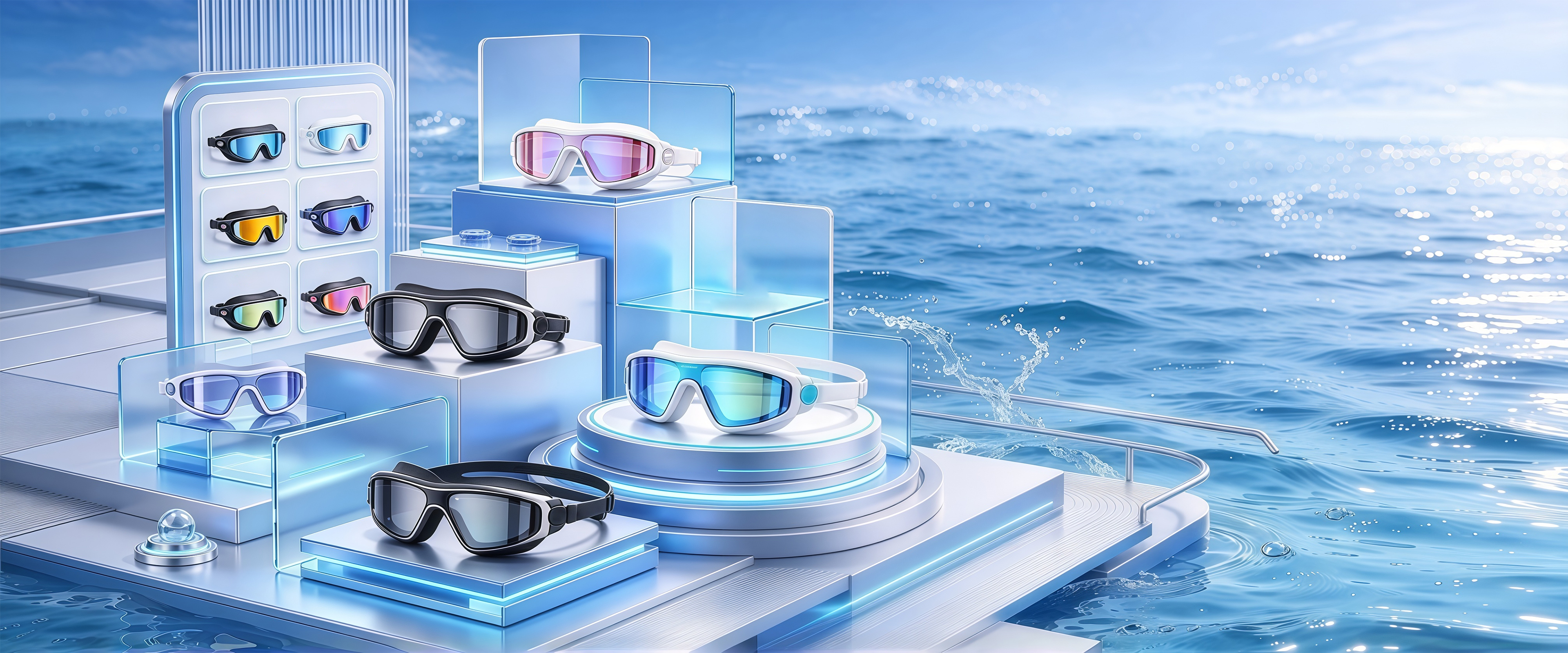 Several goggles arranged above a blue water scene