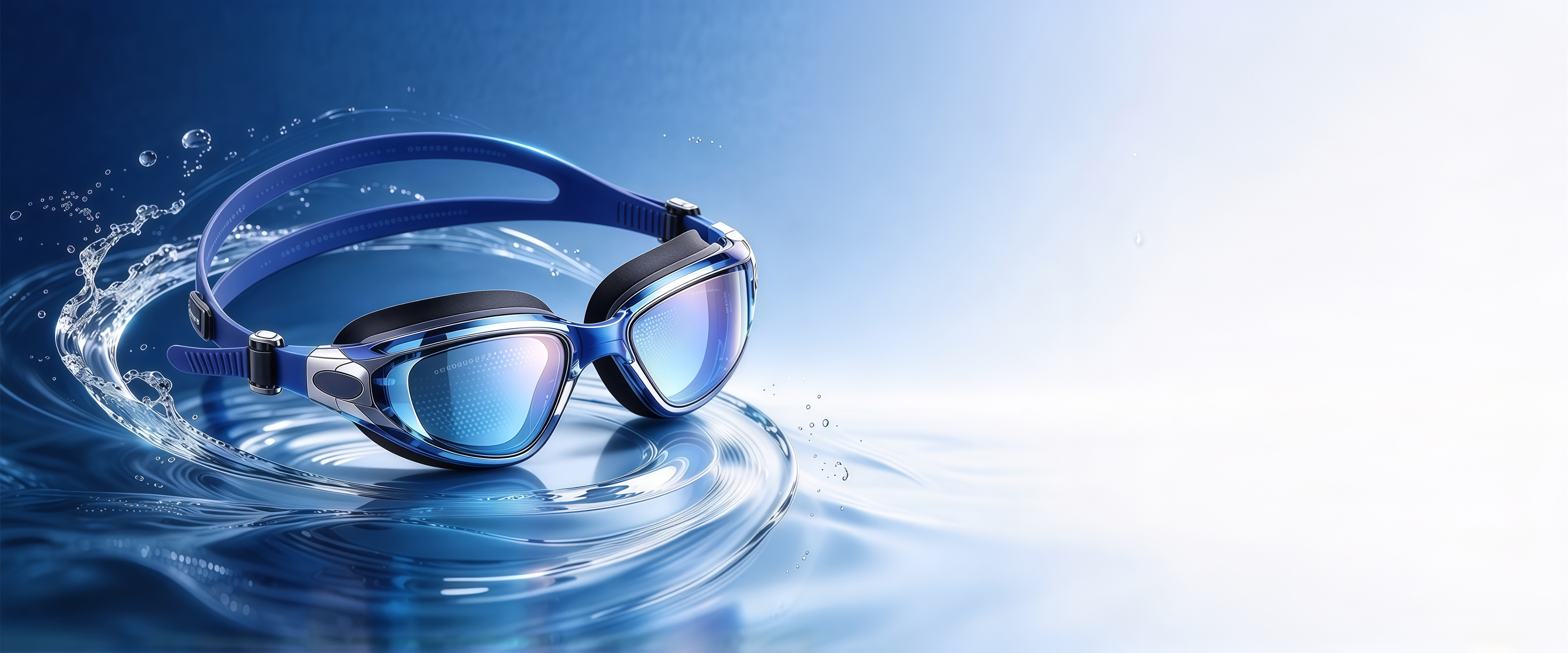 A swim goggle with water splash against a pale background