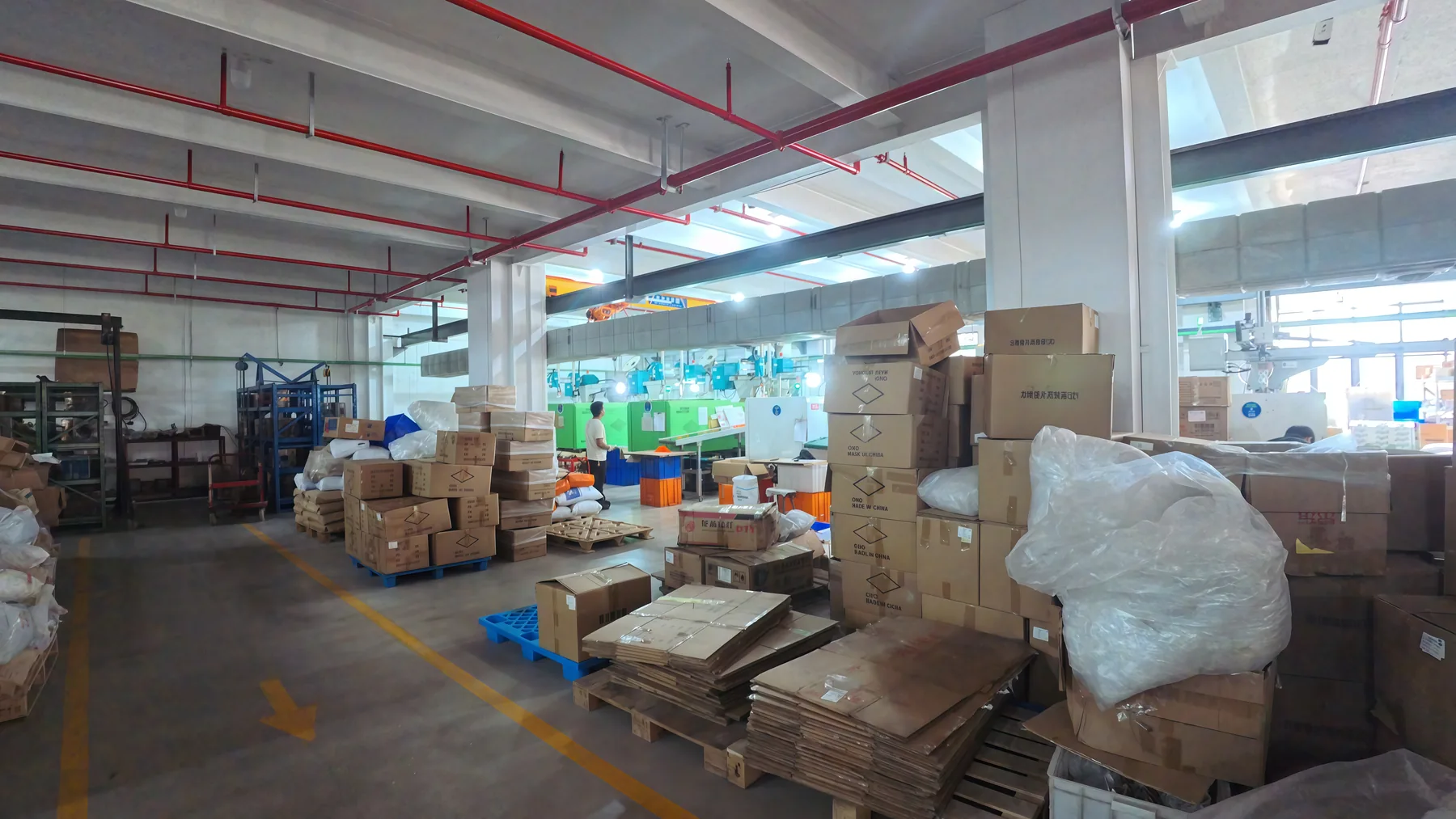 Materials and production stations in a workshop