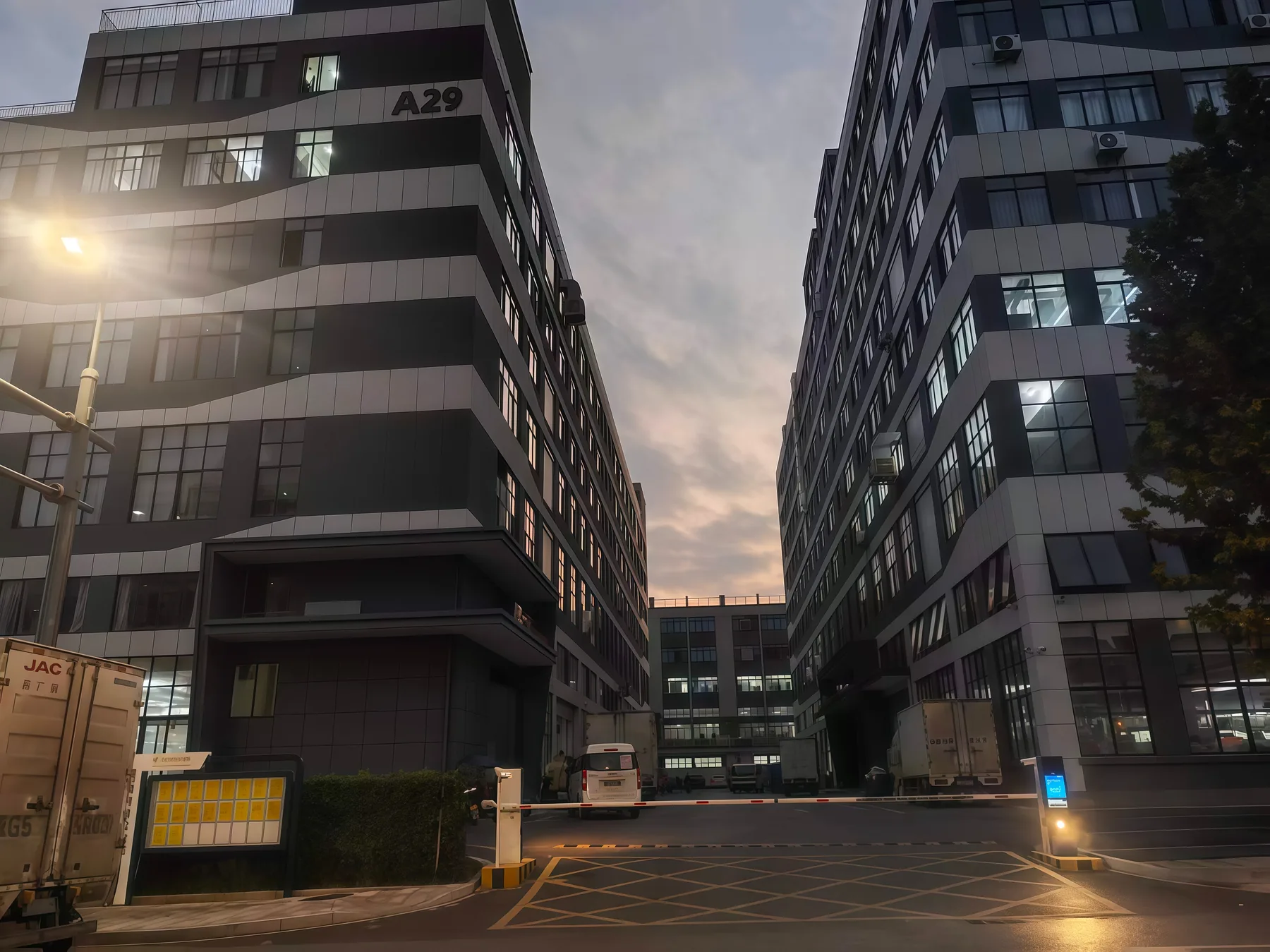 Industrial buildings photographed at dusk