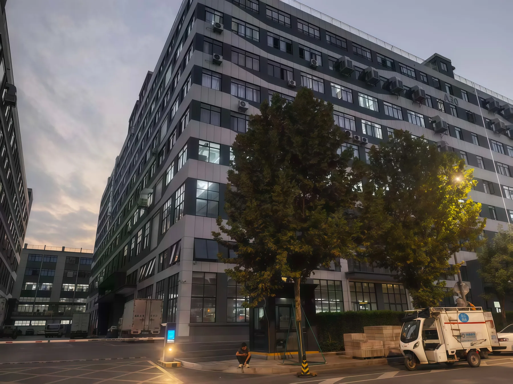 Exterior of an industrial building with trees