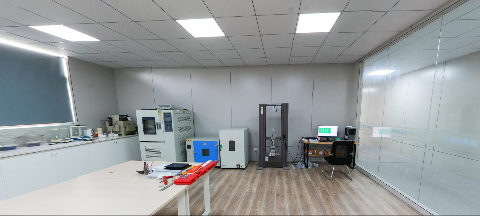 Inspection room with laboratory equipment and work benches