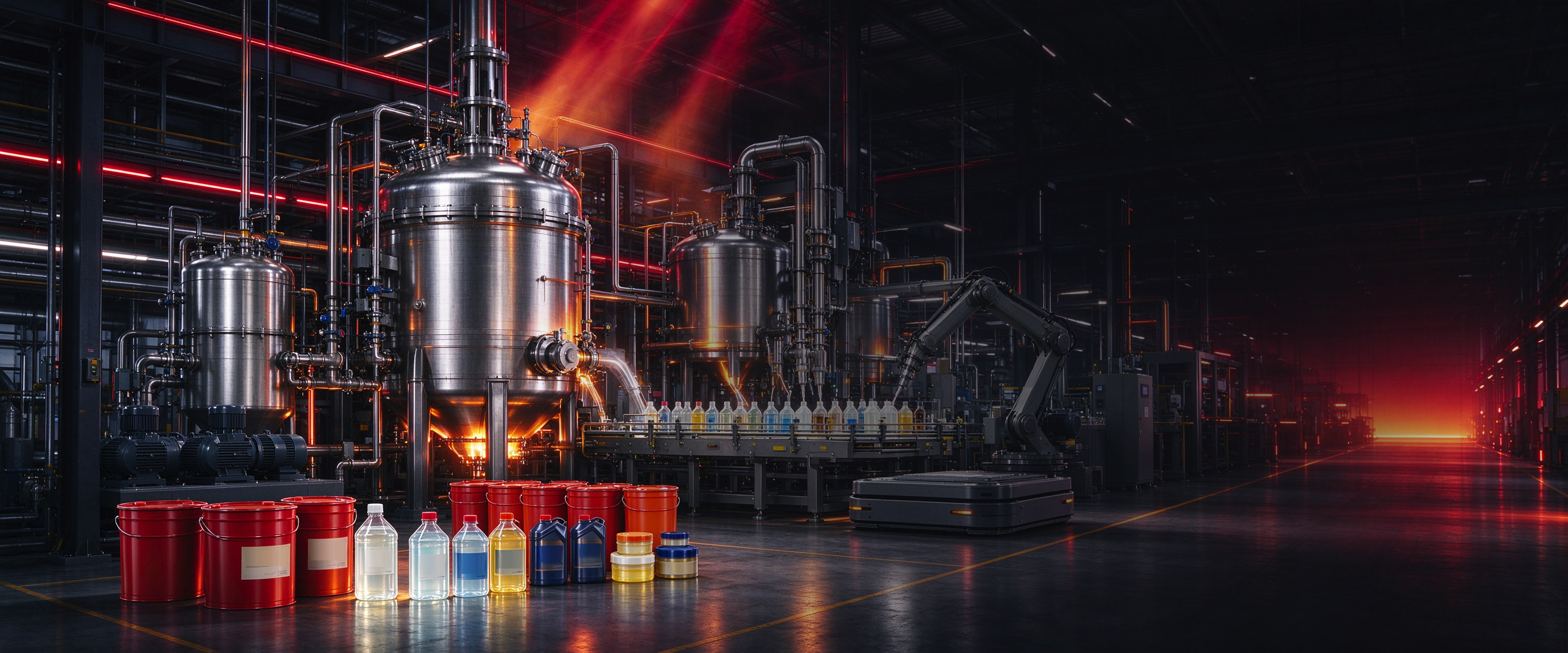 Illustrative scene: stainless steel process tanks, a bottle filling line and a robotic arm, with red pails, bottles and small tubs in the foreground.