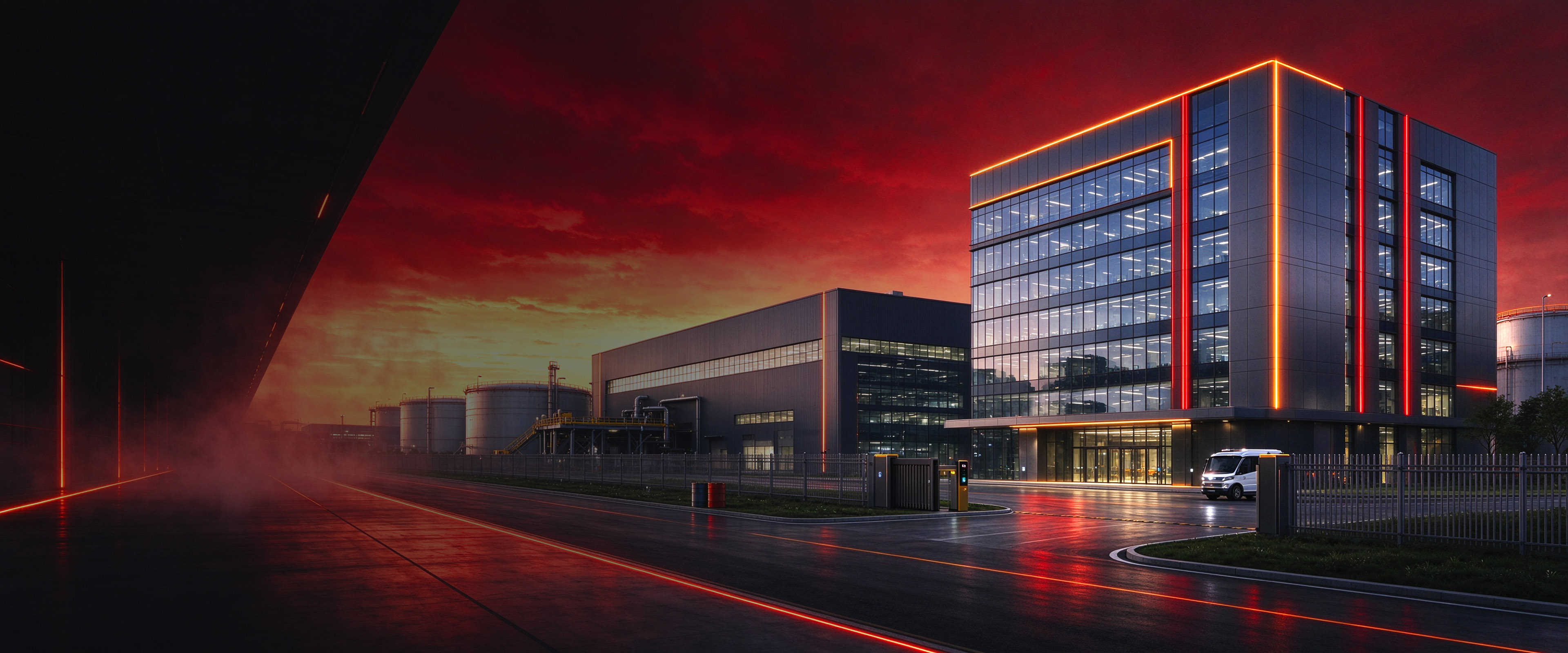 Illustrative dusk scene: a modern glass office building with red and amber edge lighting and a long industrial building with storage tanks.