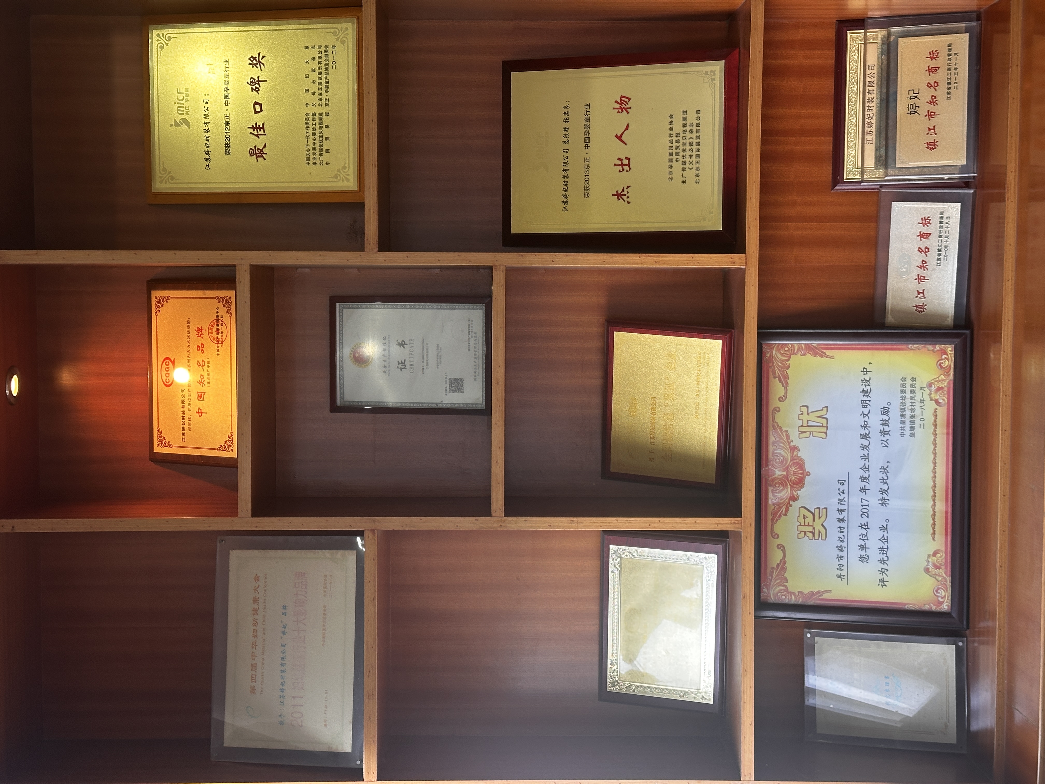 TINGFEI awards and certificates on a display shelf