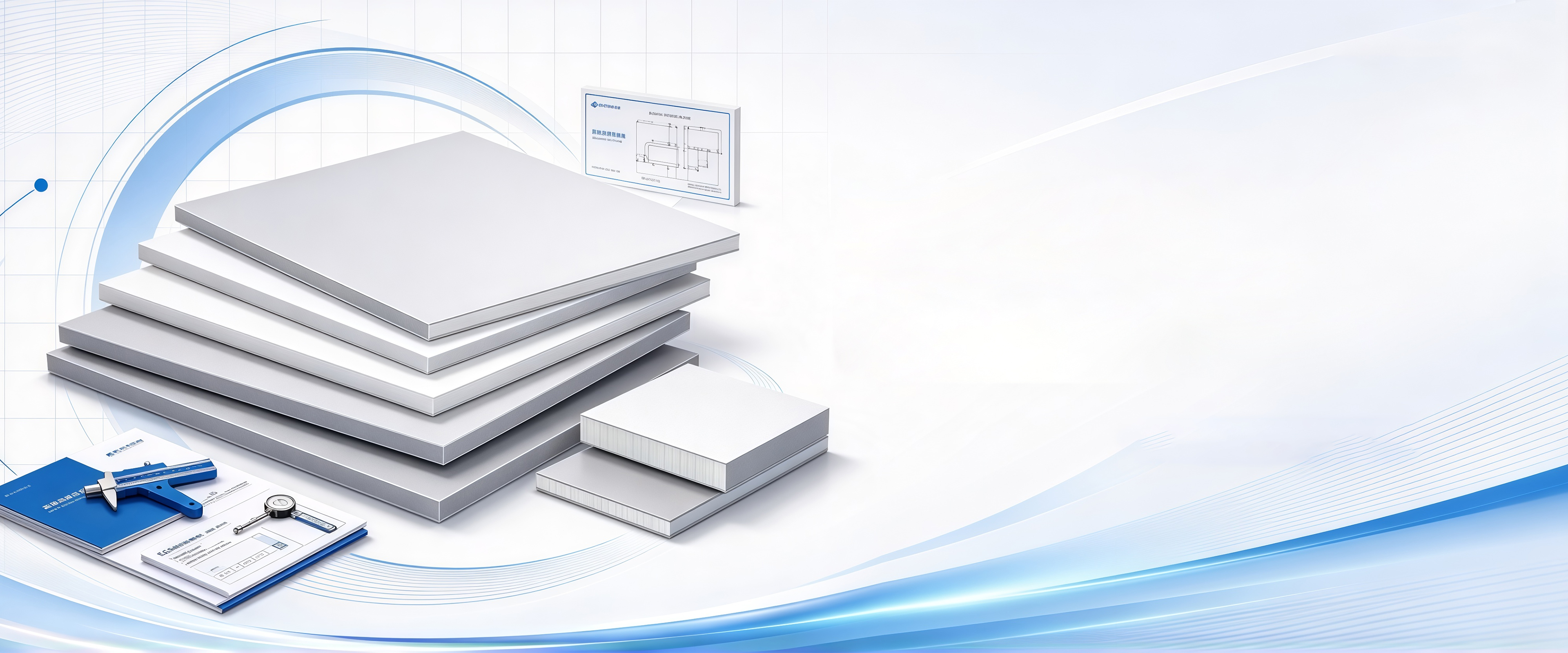 Stacked rigid sheets beside a technical drawing and measuring tools