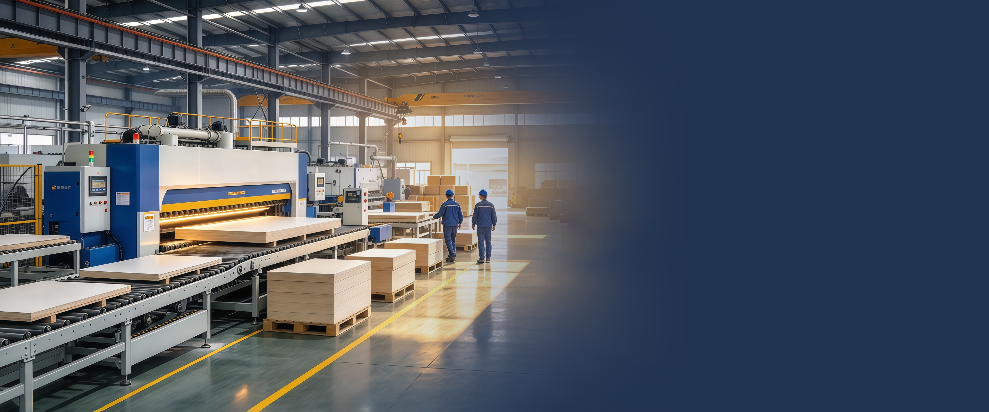 Production hall with finished sheet moving along a conveyor line and stacked on pallets