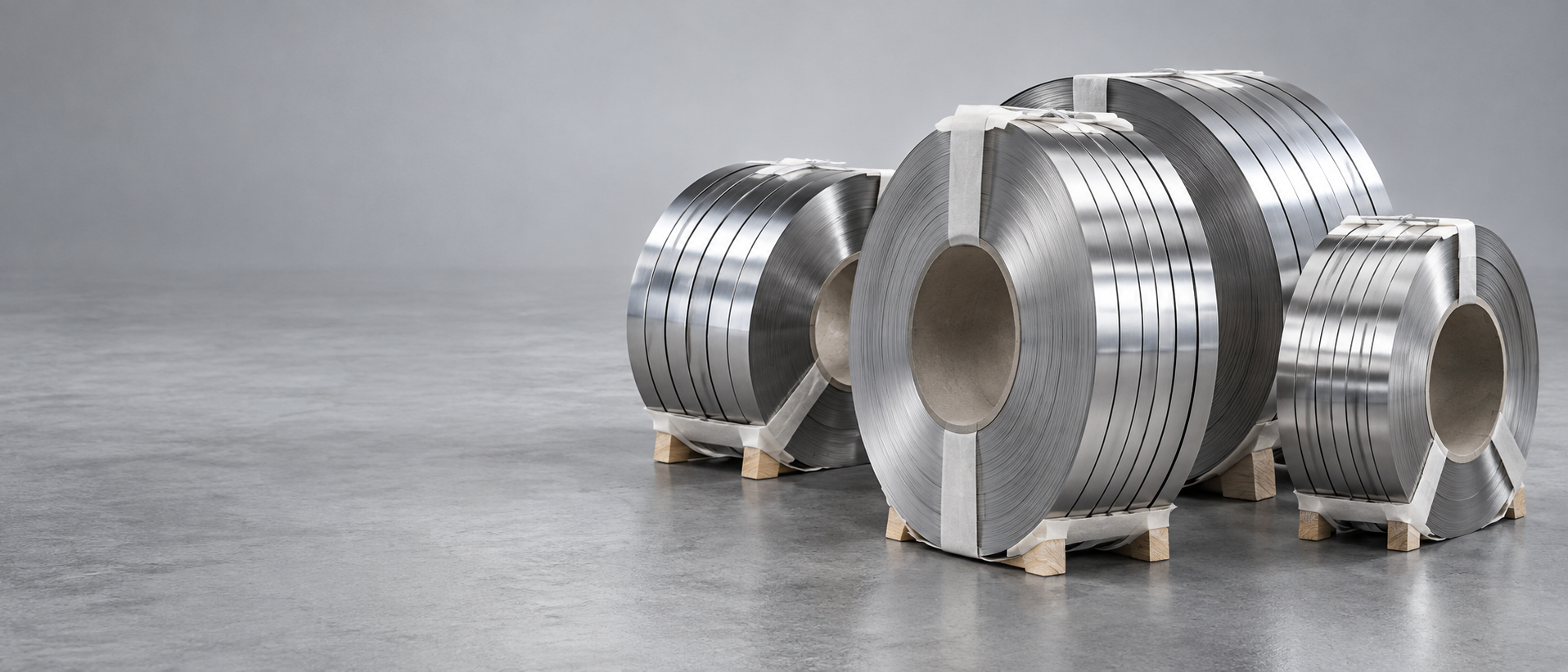 Illustrative image of banded stainless steel strip coils on a pale concrete floor