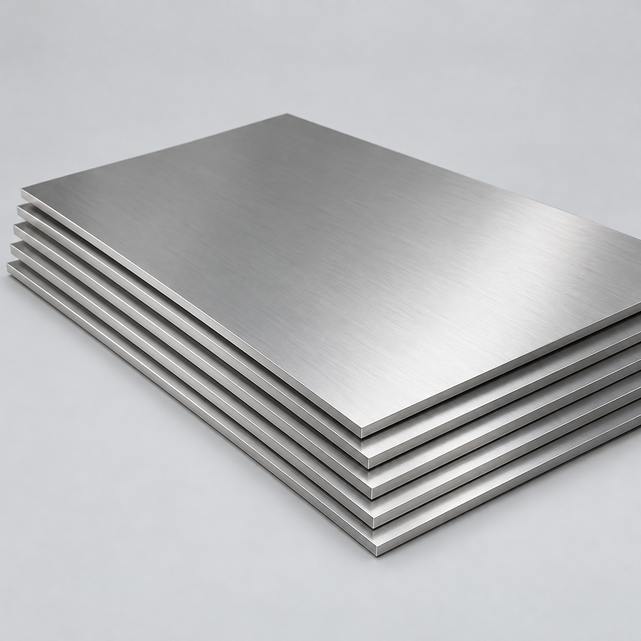 Illustrative image of a stack of brushed stainless steel sheets on a light grey background