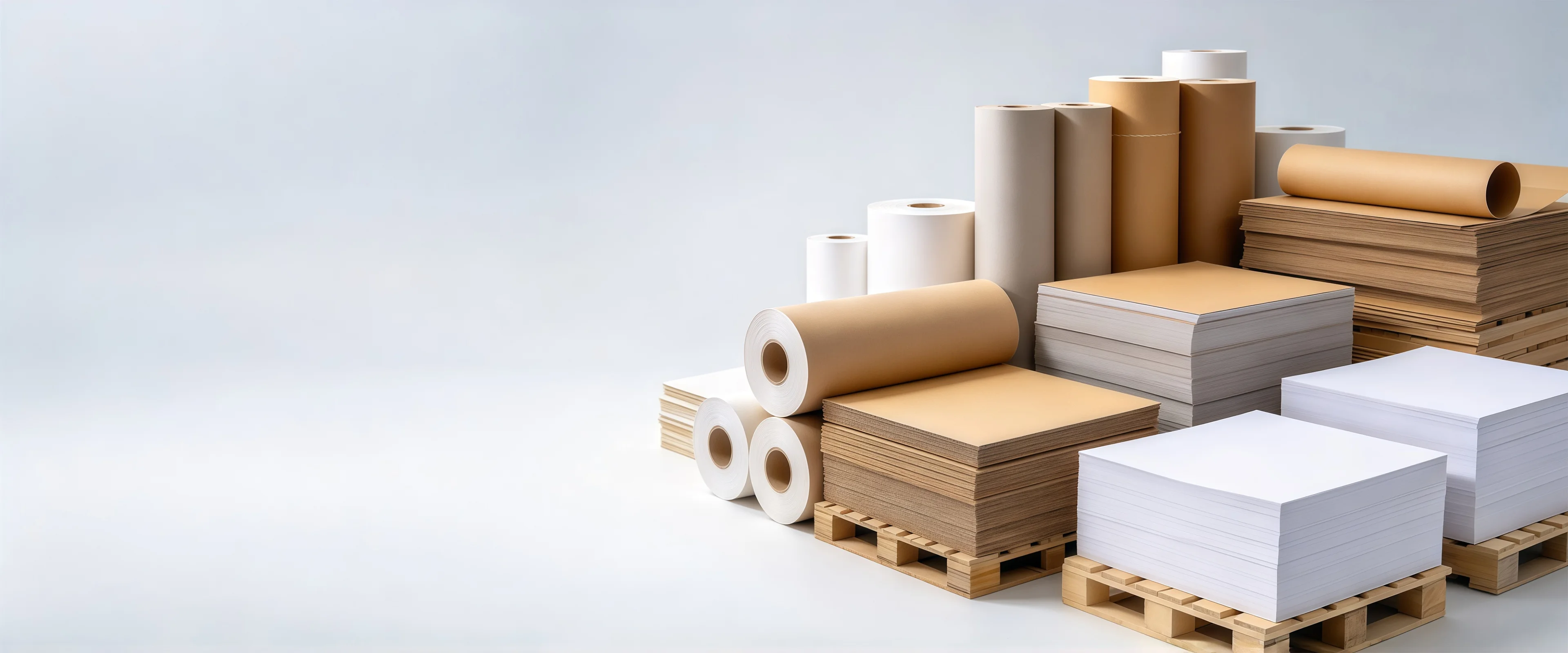 Rolls and stacked sheets of packaging, office and printing paper arranged together