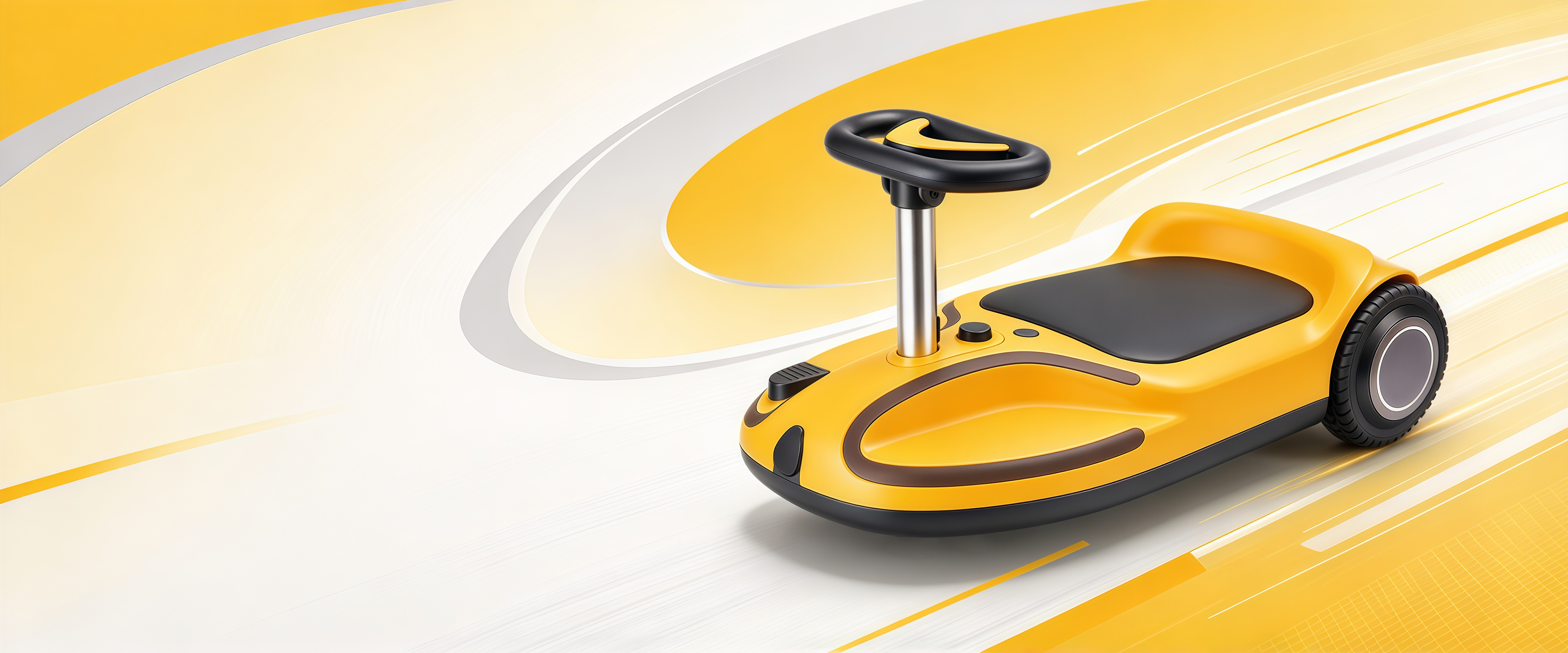 Q1 kids electric go kart in yellow with a black seat pad and a steering-wheel handlebar, on a bright yellow and white background