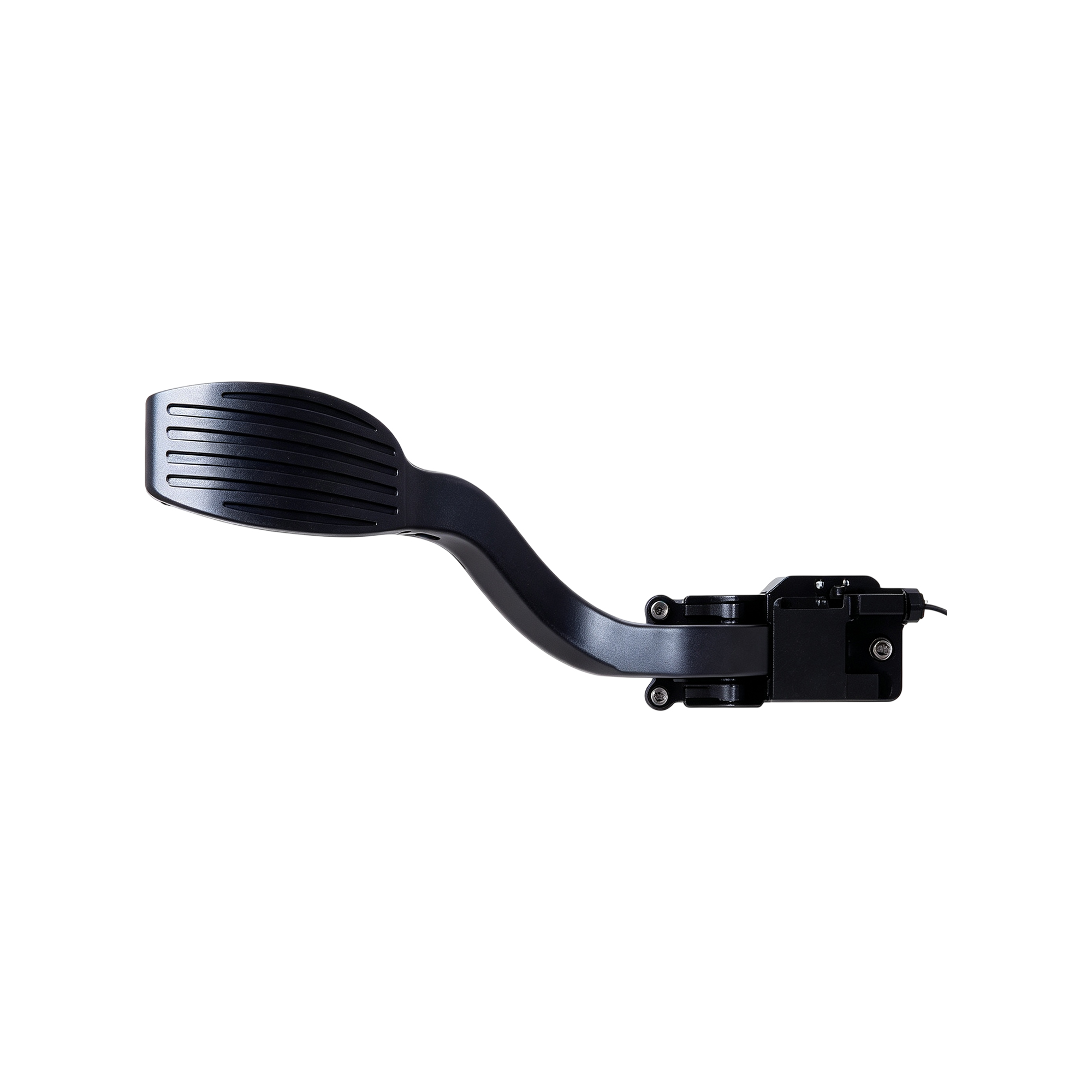 Suspended pendant-style accelerator pedal assembly with curved pedal arm and integrated sensor housing