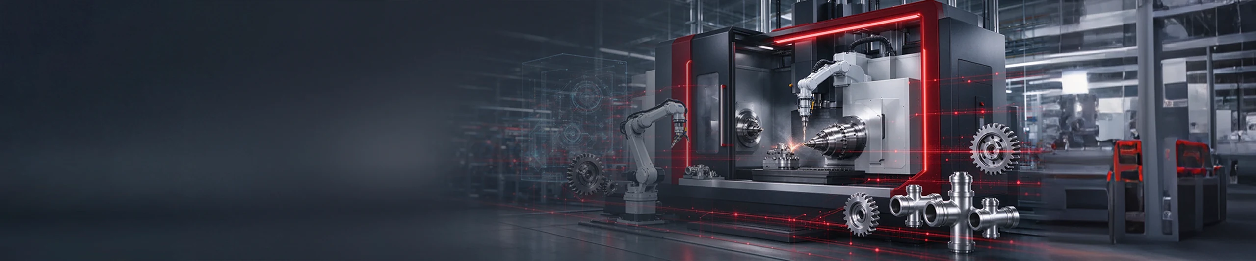 Five-axis turn-mill machine with a robot arm and precision machined parts