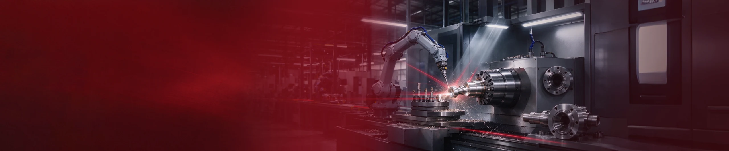 Robot arm loading a turning machine while a shaft is machined