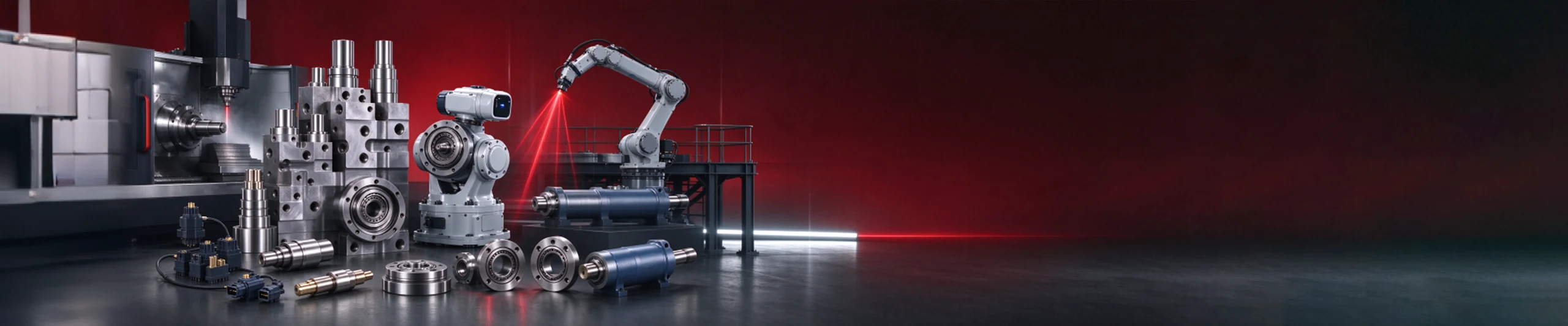 Valve blocks, reducer components, shafts and hydraulic cylinders beside a machining center and robot arm