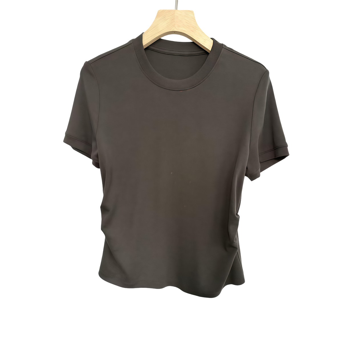 Charcoal knit t-shirt on a wooden hanger