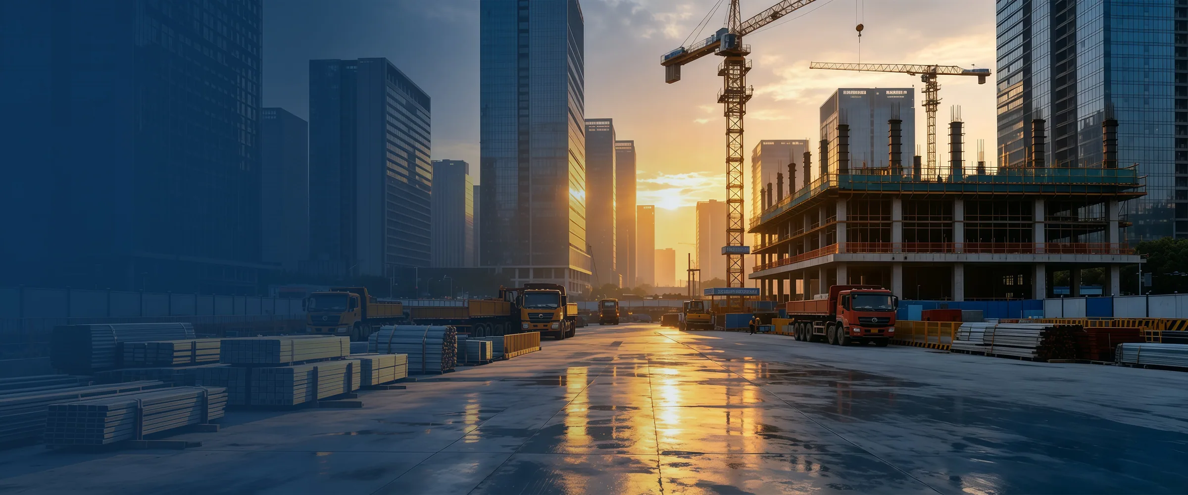 Illustrative architectural banner showing a steel-framed building under construction at dusk