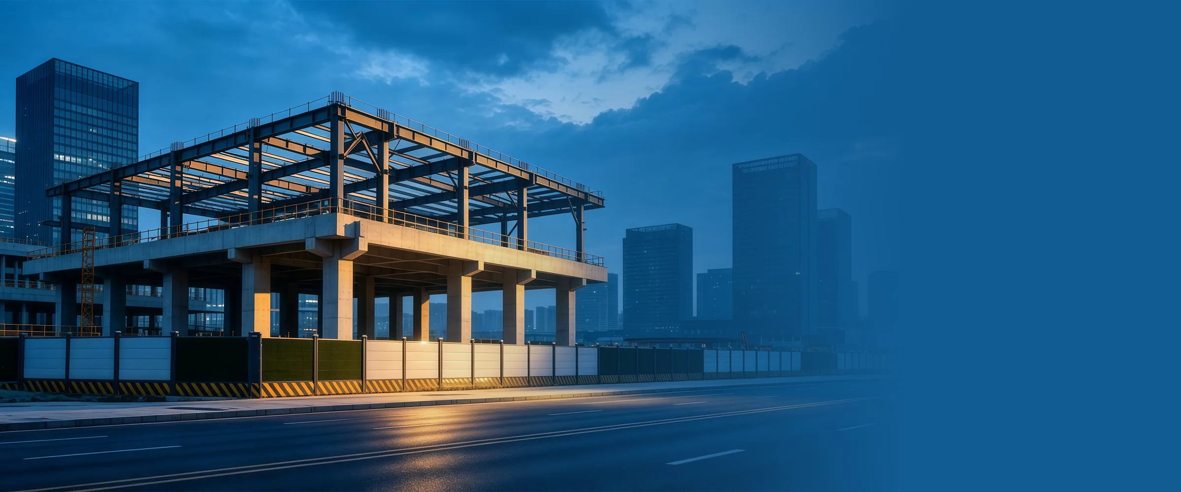 Illustrative architectural banner showing a steel frame rising above a concrete construction site