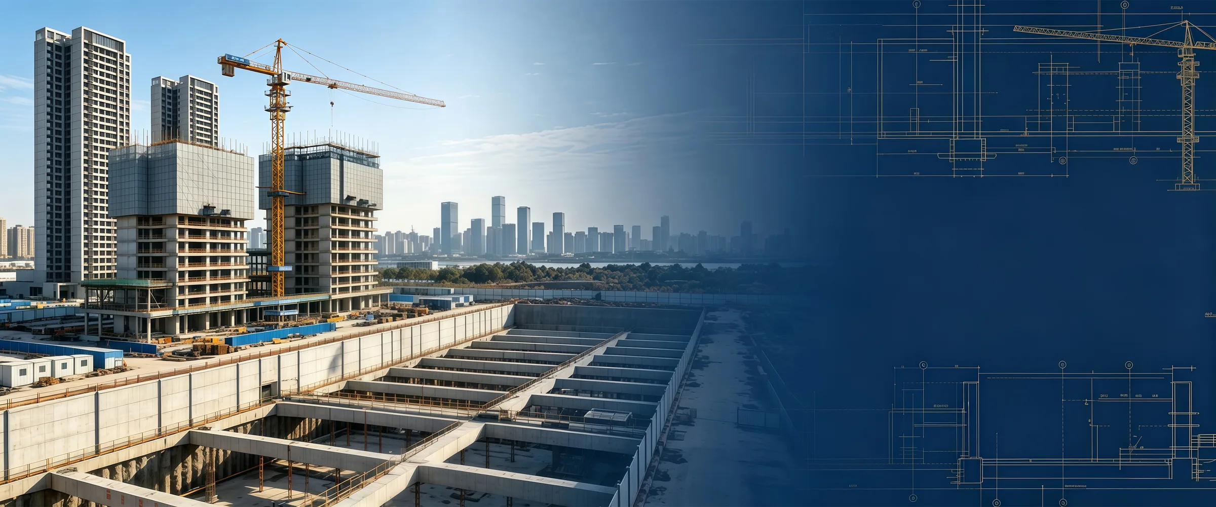Illustrative architectural banner showing a construction site skyline with structural drawings overlay