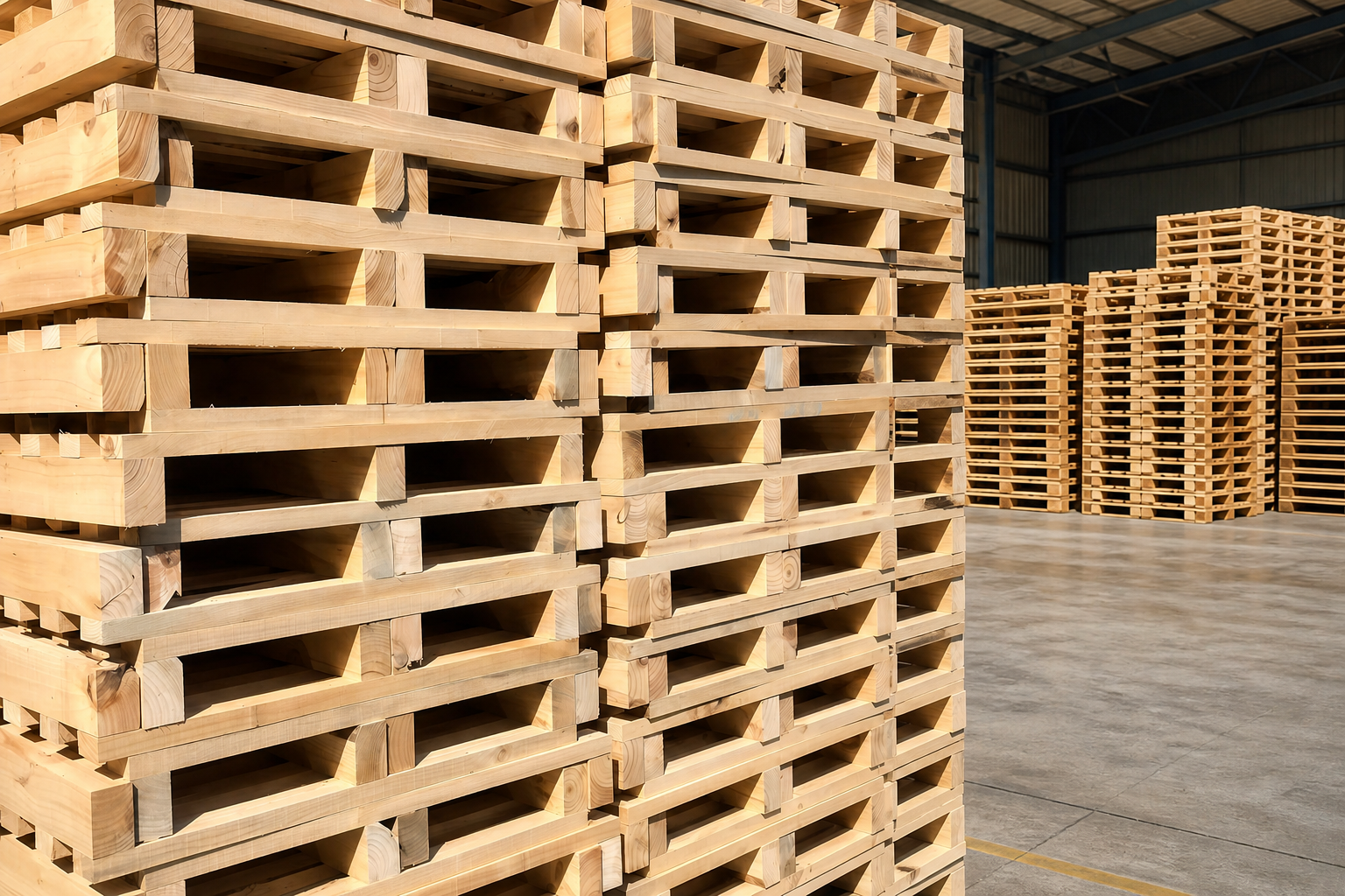 Close-up of thick timber blocks on a heavy-duty wooden pallet stack