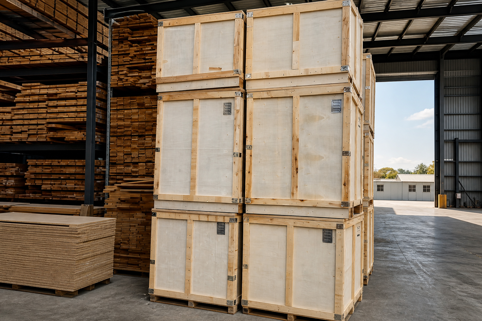 Plywood crates with reinforced metal corner brackets stacked outdoors