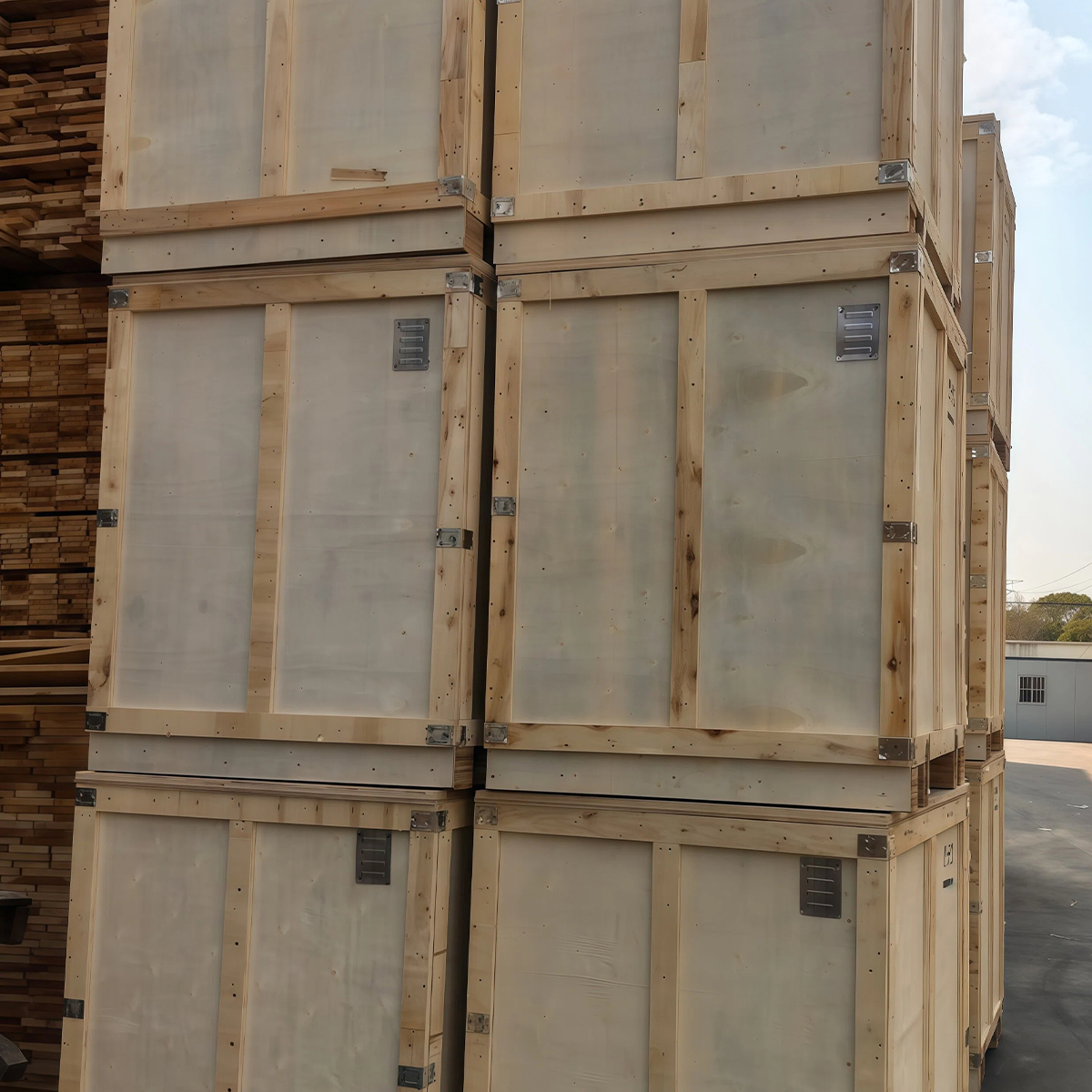 Plywood crates with reinforced metal corner brackets stacked outdoors