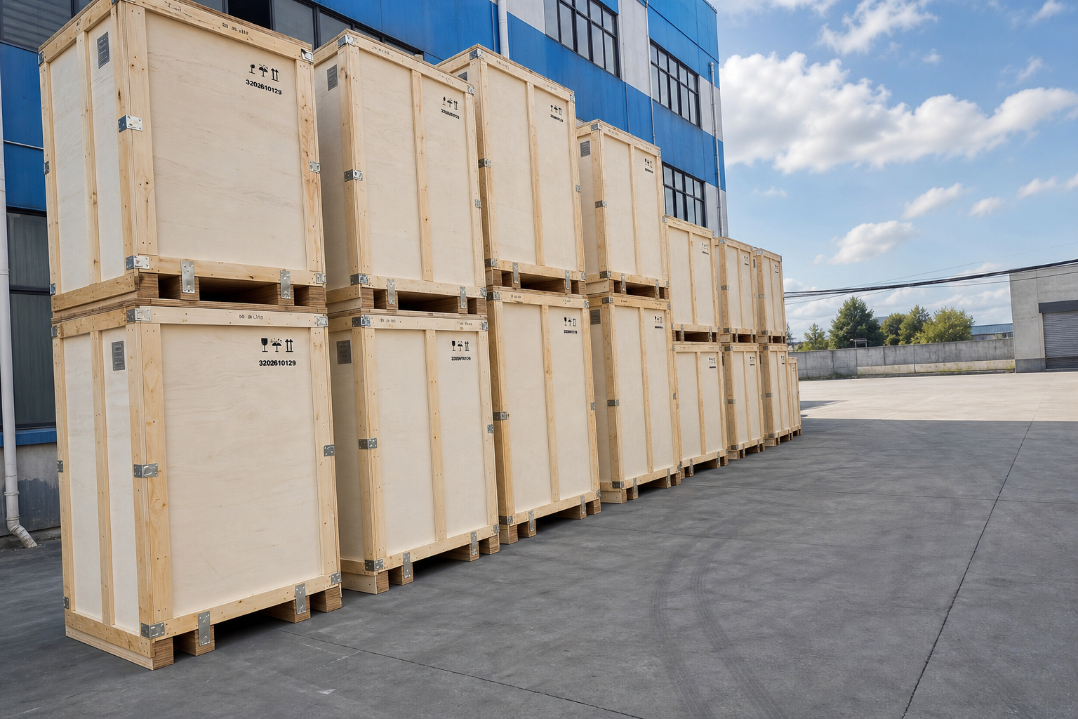 Cream-finished plywood crates stacked outdoors before shipment