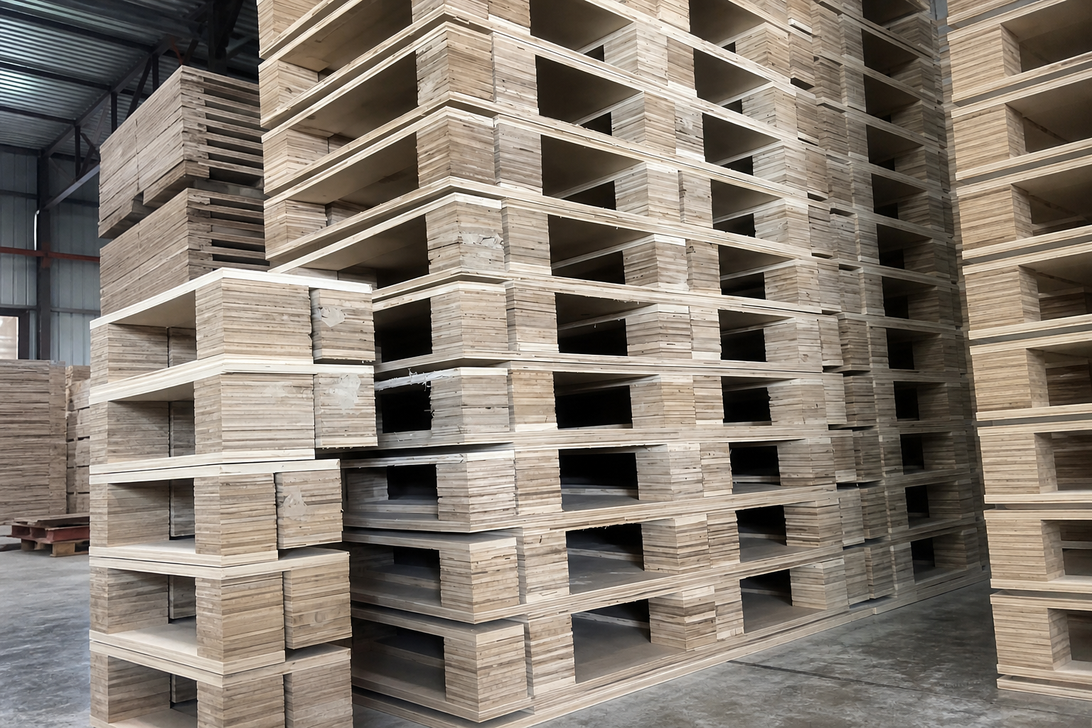 Close-up of plywood pallet deck panels