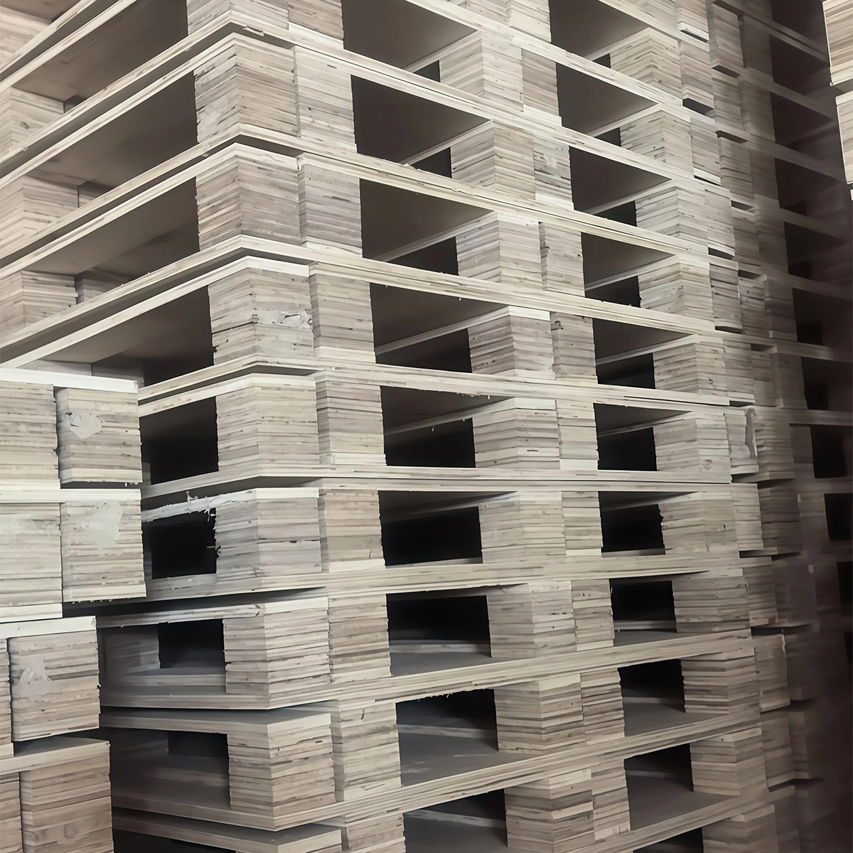 Close-up of plywood pallet deck panels