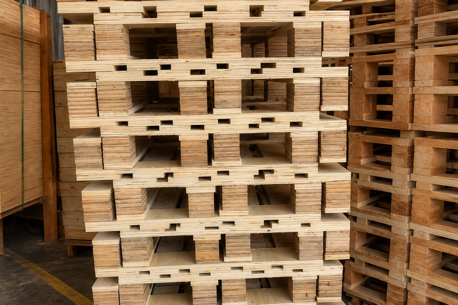 Stacked plywood pallets with block-type openings