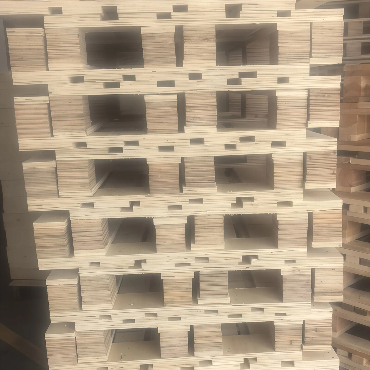 Stacked plywood pallets with block-type openings