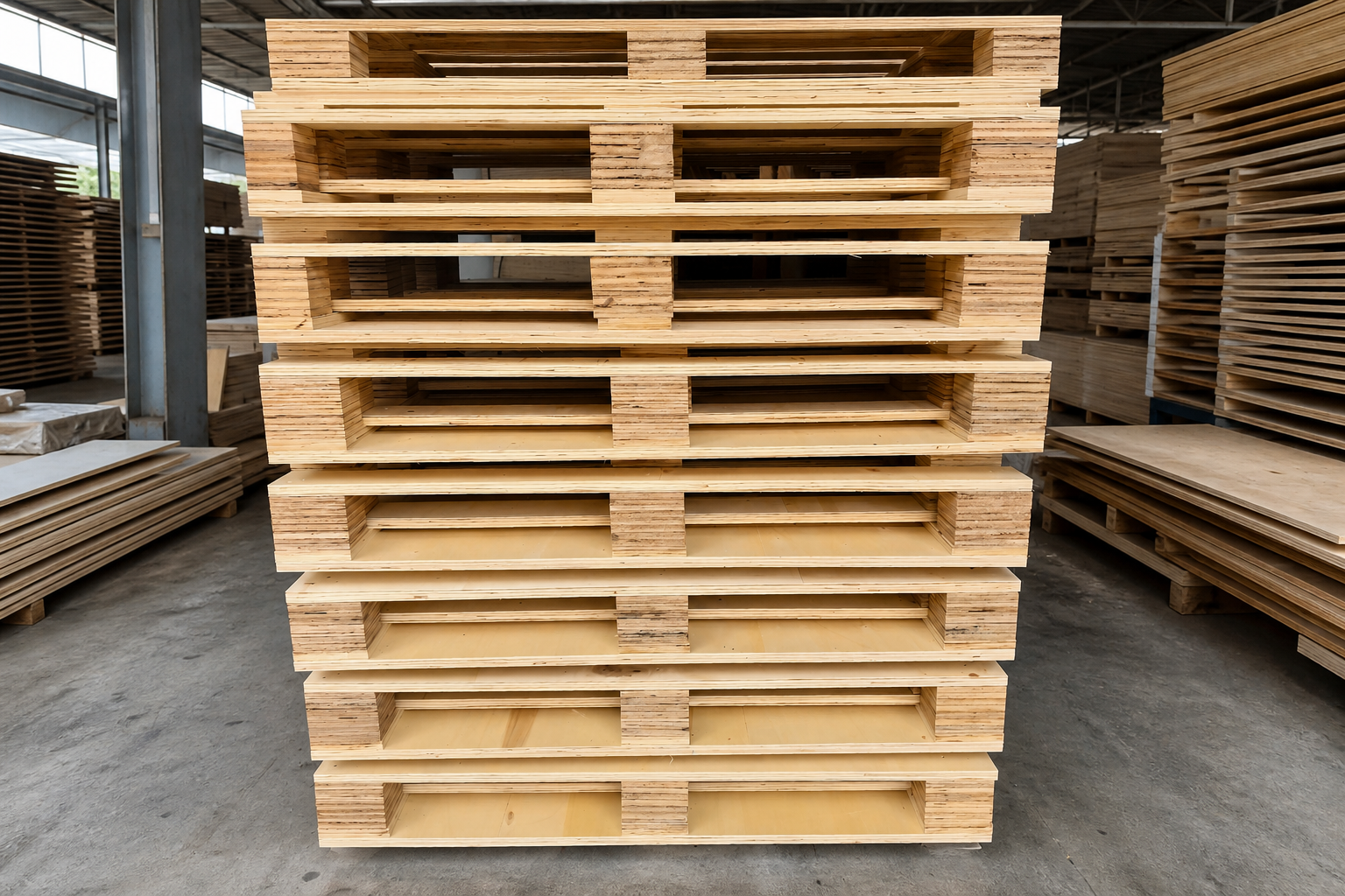Light-toned plywood pallets stacked in a warehouse