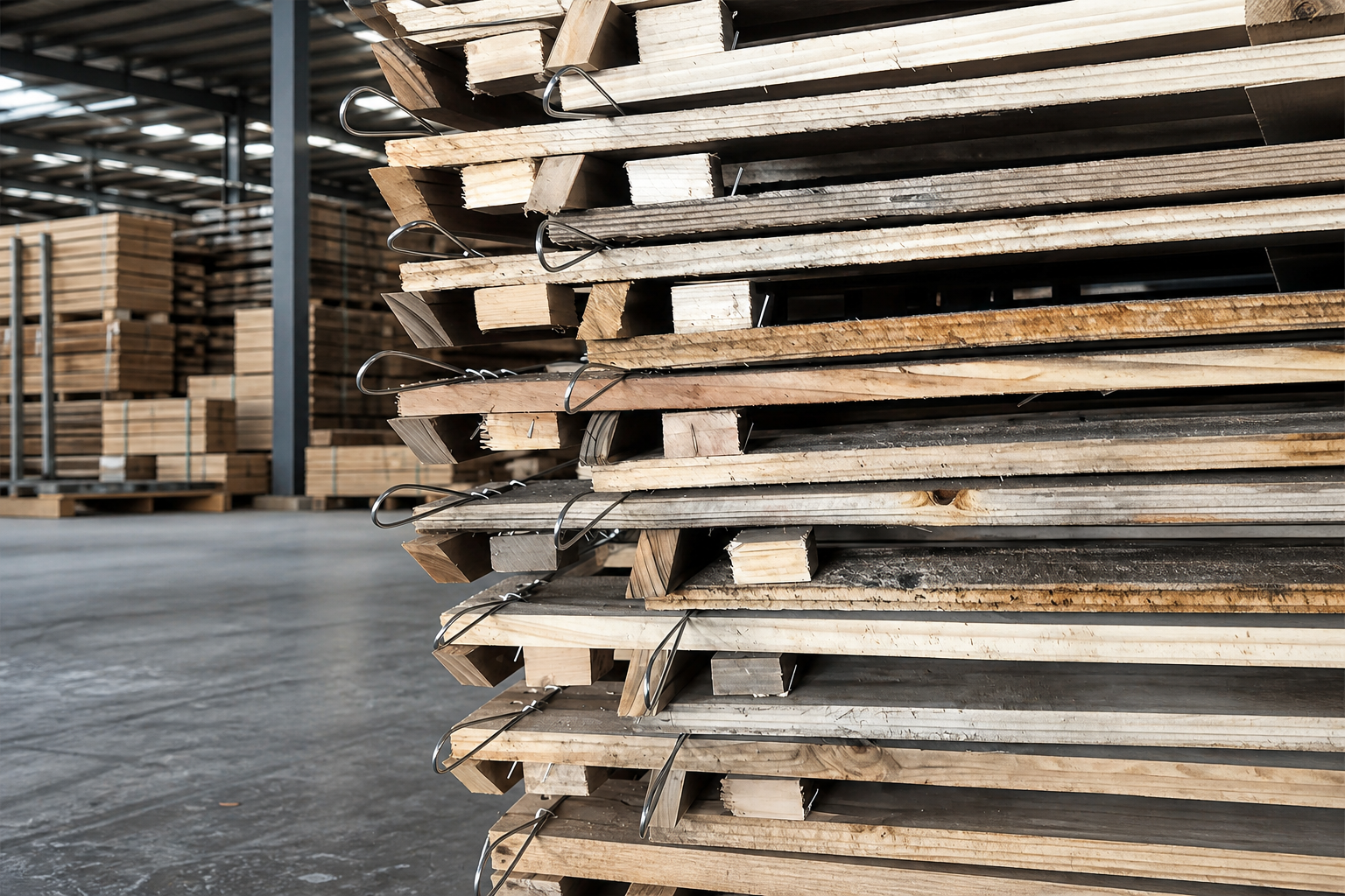 Wire-bound timber boards prepared for pallet assembly
