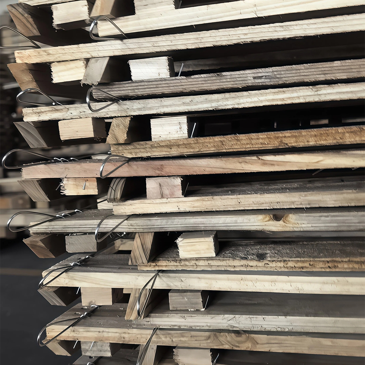 Wire-bound timber boards prepared for pallet assembly