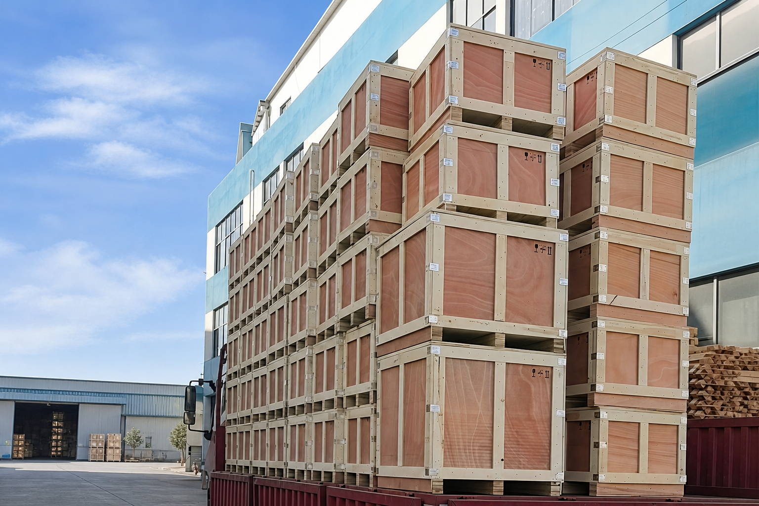 Wooden export crates loaded on a truck bed for shipment