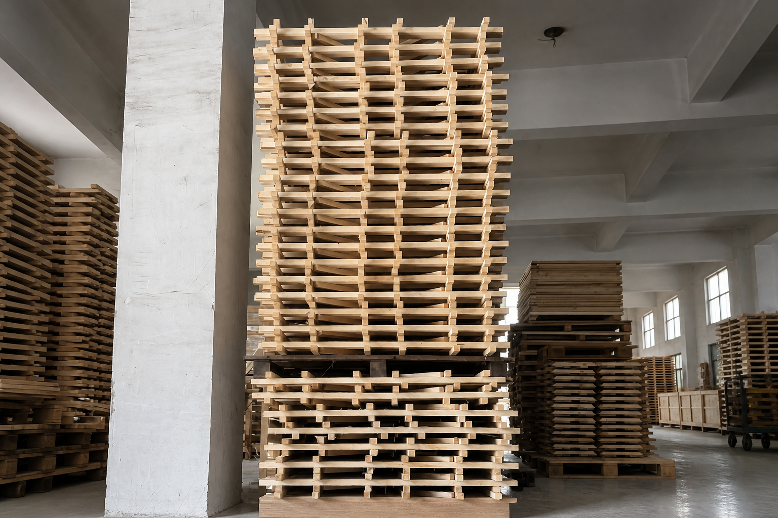 Stacked open wooden lattice frames
