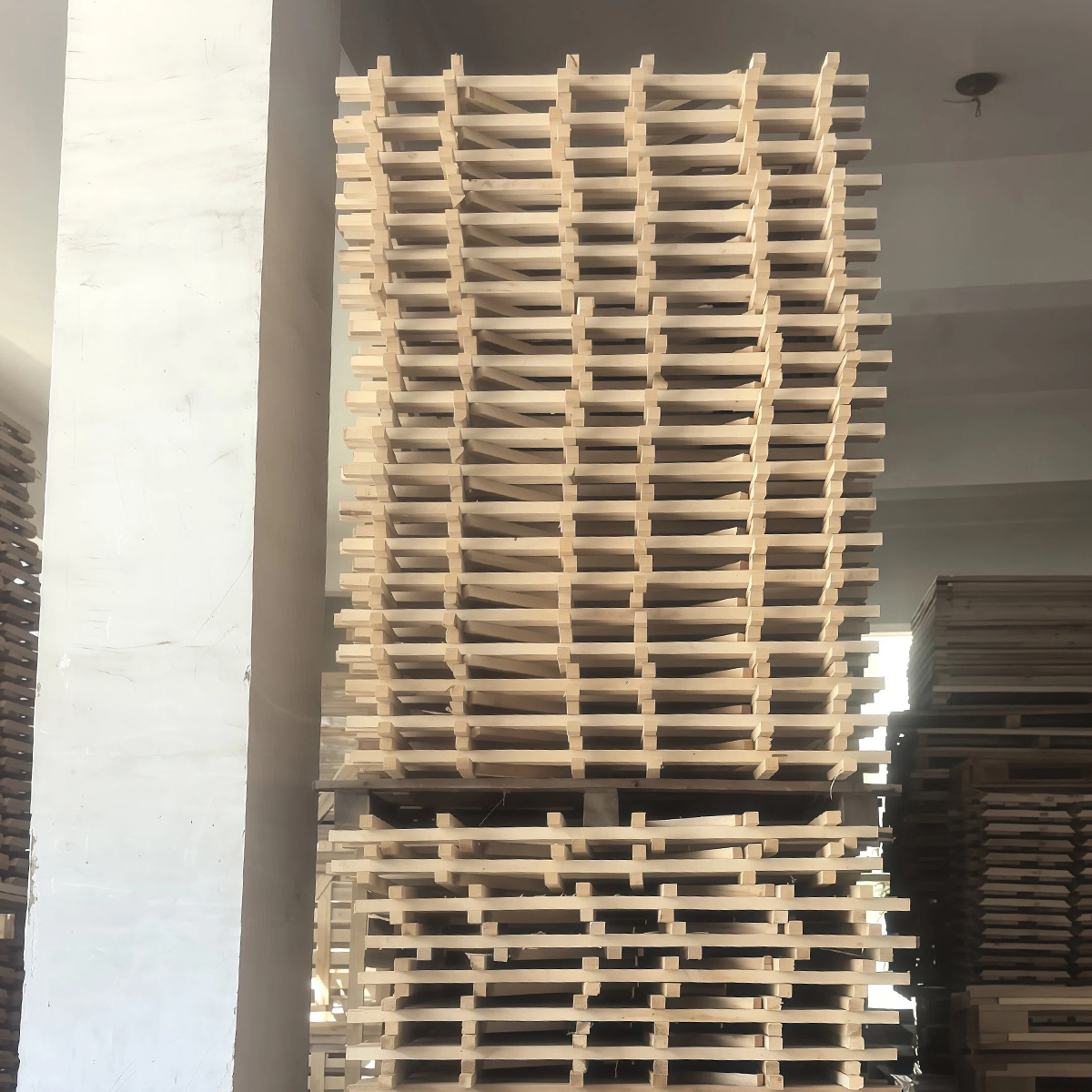 Stacked open wooden lattice frames