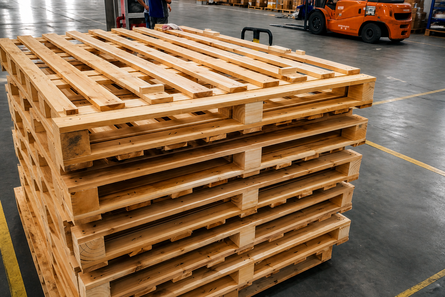 Stacks of solid wooden pallets bundled and ready for dispatch
