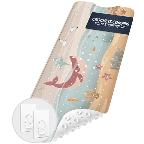 PVC Antimicrobial Non-Slip Bath Mat for Babies Children Ocean Animals Pattern 2 Hooks Drying Soft Surface Mold Resistant