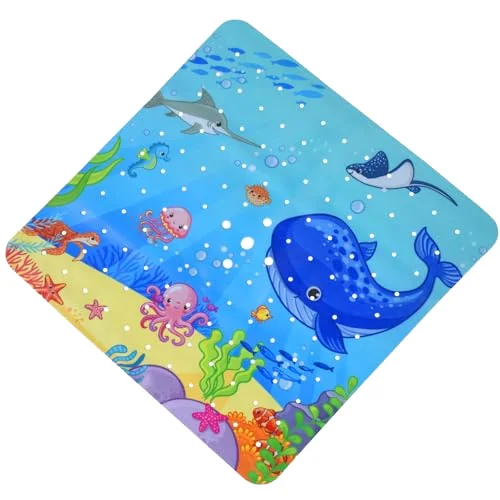 PVC Square Non-Slip Cartoon Marine Animal Design Bath Mat 53x53cm Drainage Holes Suction Cups Machine Washable Baby Bathtub