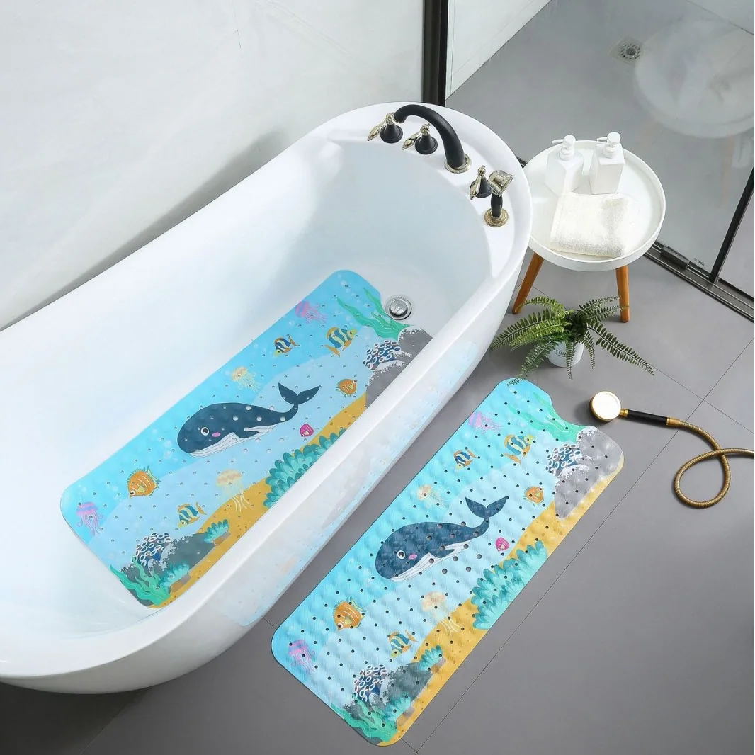 OEM Extra Long 100X40CM Minimalist Cartoon Printing Eco-Friendly Bath Mat PVC Suction Cups Drain Holes Non-Slip Shower Mats