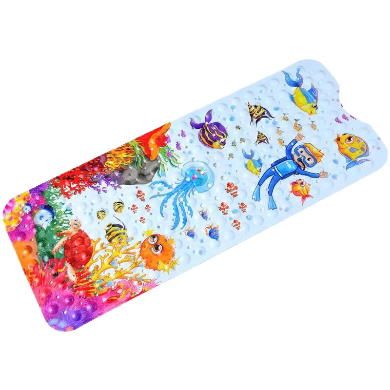 JIAJIELI OEM Eco-Friendly Extra Long 100X40CM Cartoon Printing Bath Mat PVC Suction Cups Drain Holes Non-Slip Shower Mat