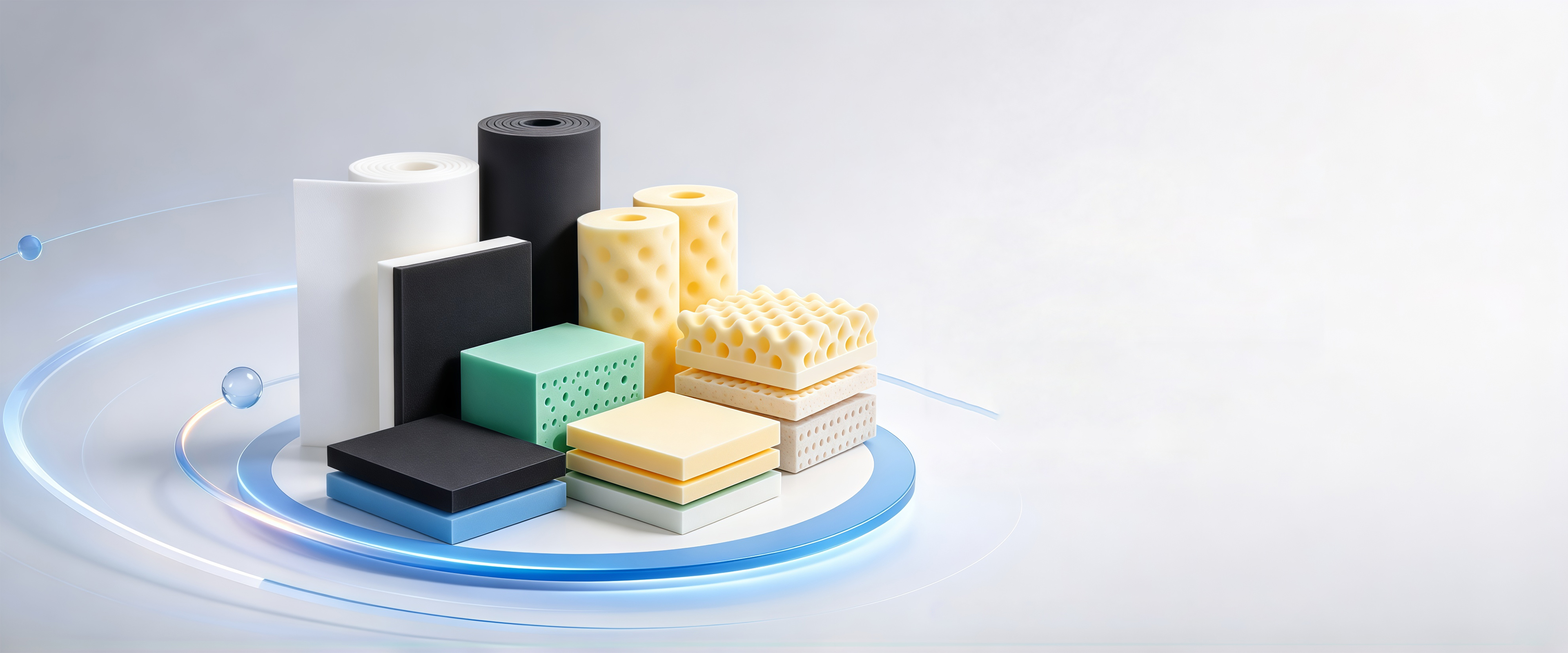 PU foam rolls, sheets and shaped blocks in white, black, cream, green and blue arranged on a round stage