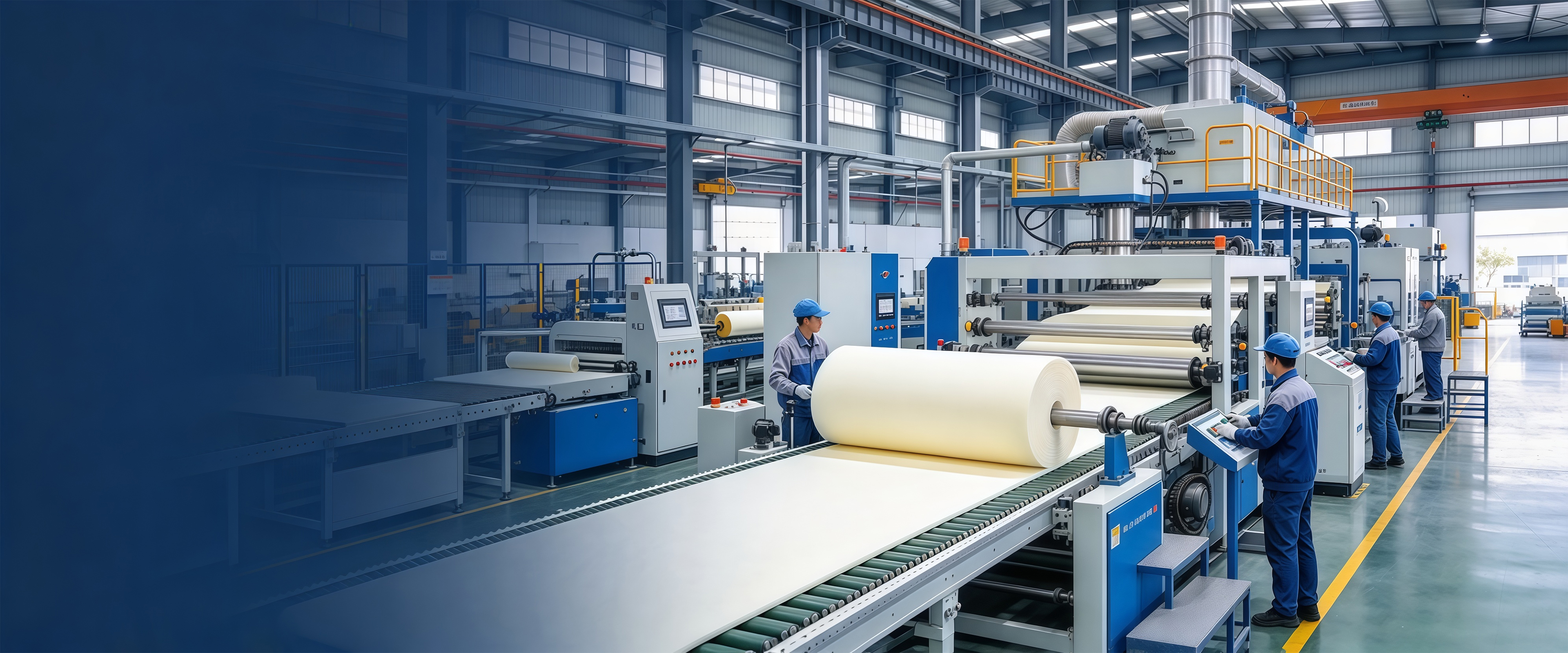 Illustrated foam production hall with a conveyor carrying a large cream foam roll and workers in blue uniforms at control panels