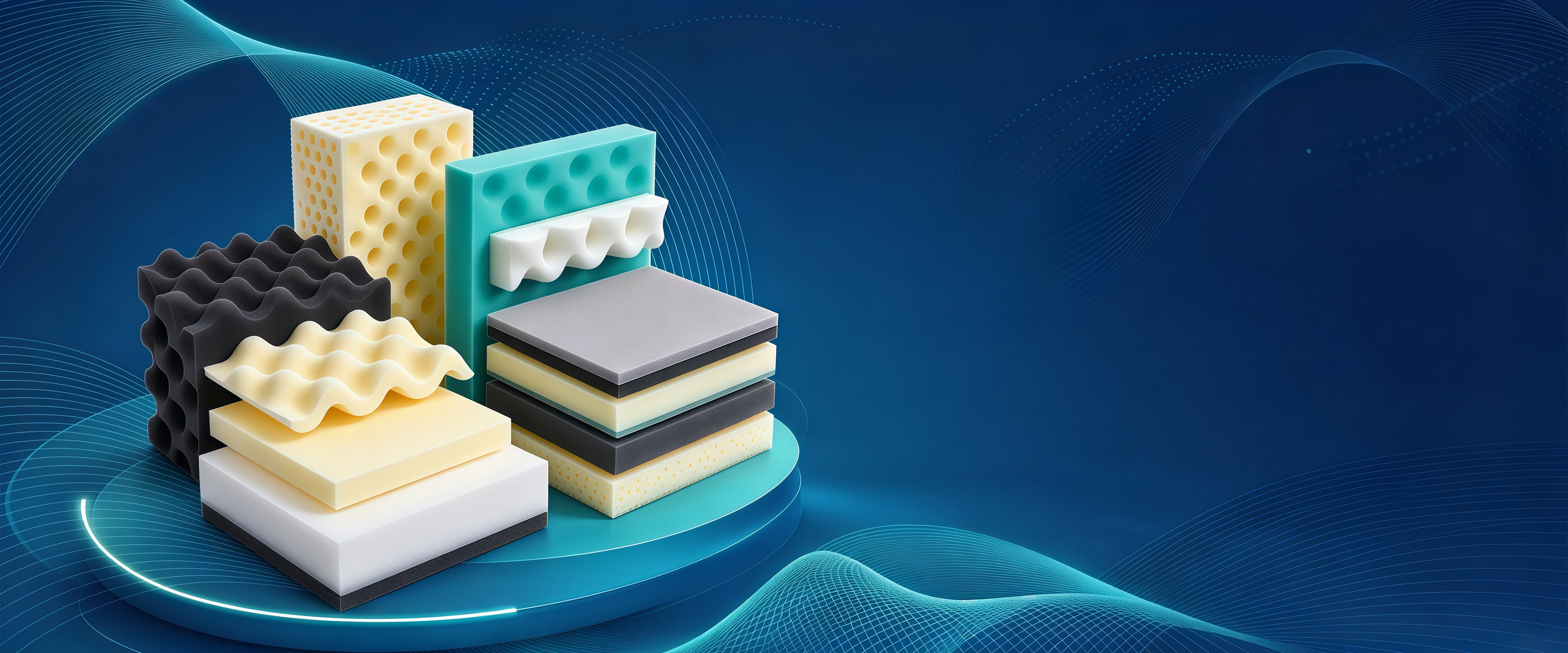 Stacked acoustic, convoluted and layered PU foam samples in black, cream, teal and white on a blue stage